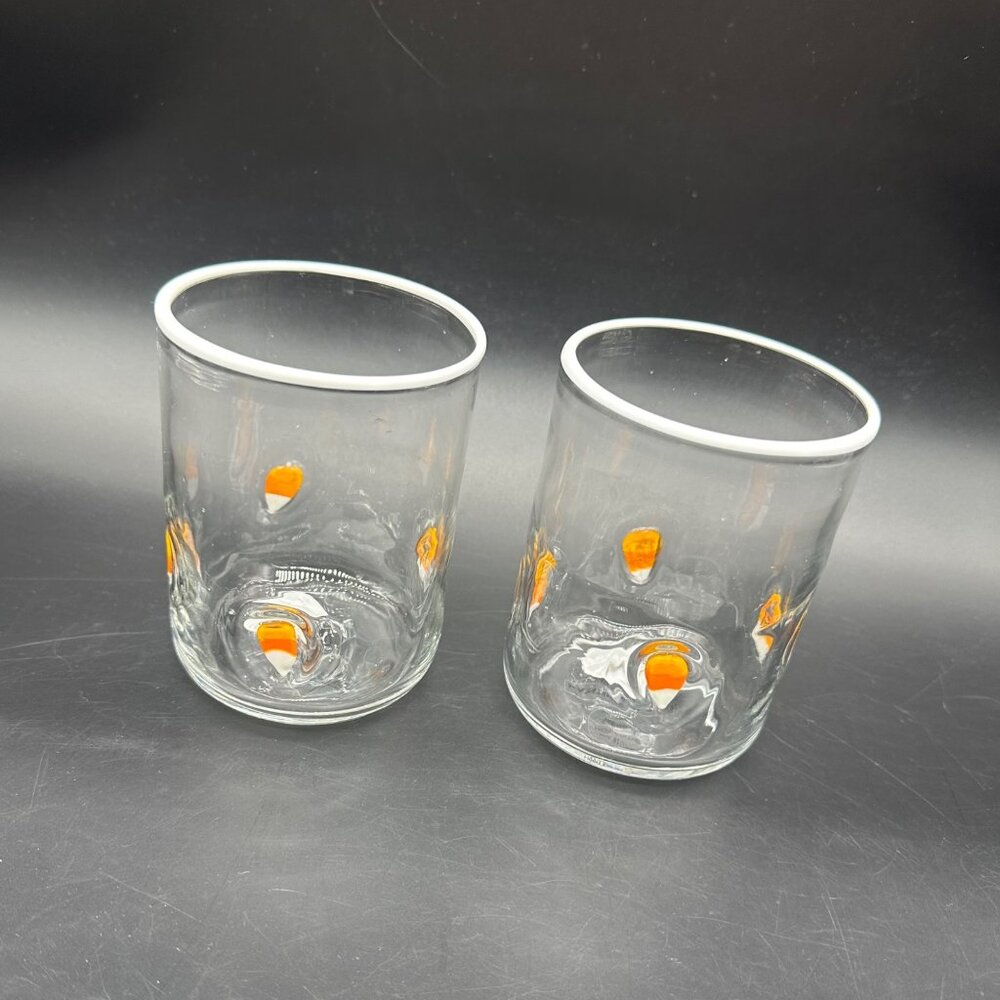 Anthropologie Candy Corn Glasses Set Of 2 Blown Fused Halloween Autumn 17 Oz
